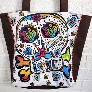 Disney Parks Tote Bag Skull Love Hearts Colorful Bejeweled Brown Canvas 15 X 15